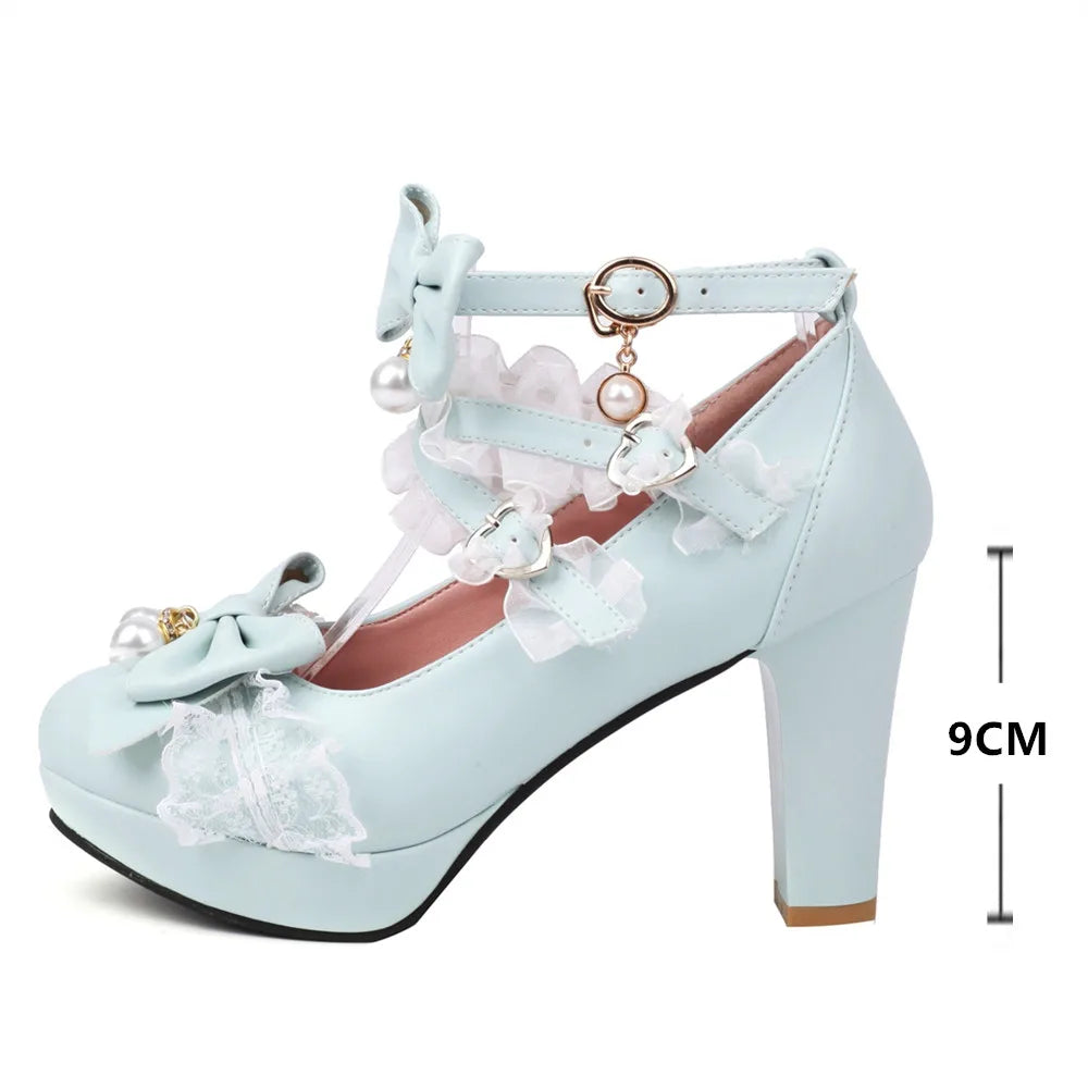 Lolita Pearl Bow Lace Round Head Heels Shoes - 33-43
