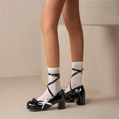 35-43 Bright Leather Sandals Lolita Bow Chunky Heel