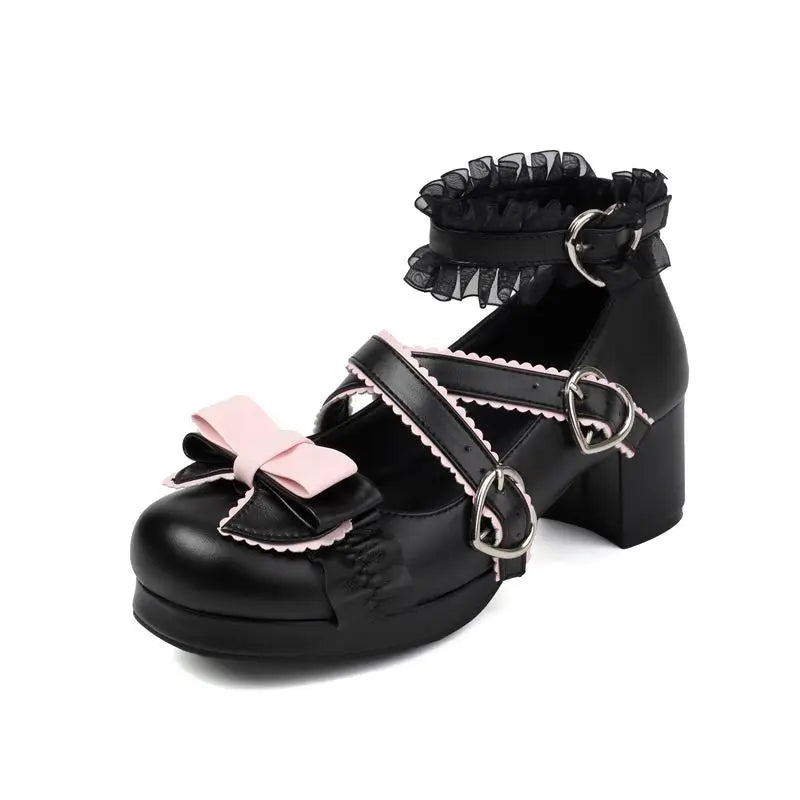 34-48 Sweet Lolita Pumps Block Heel Bowknot Ankel Buckle Strap Shoes