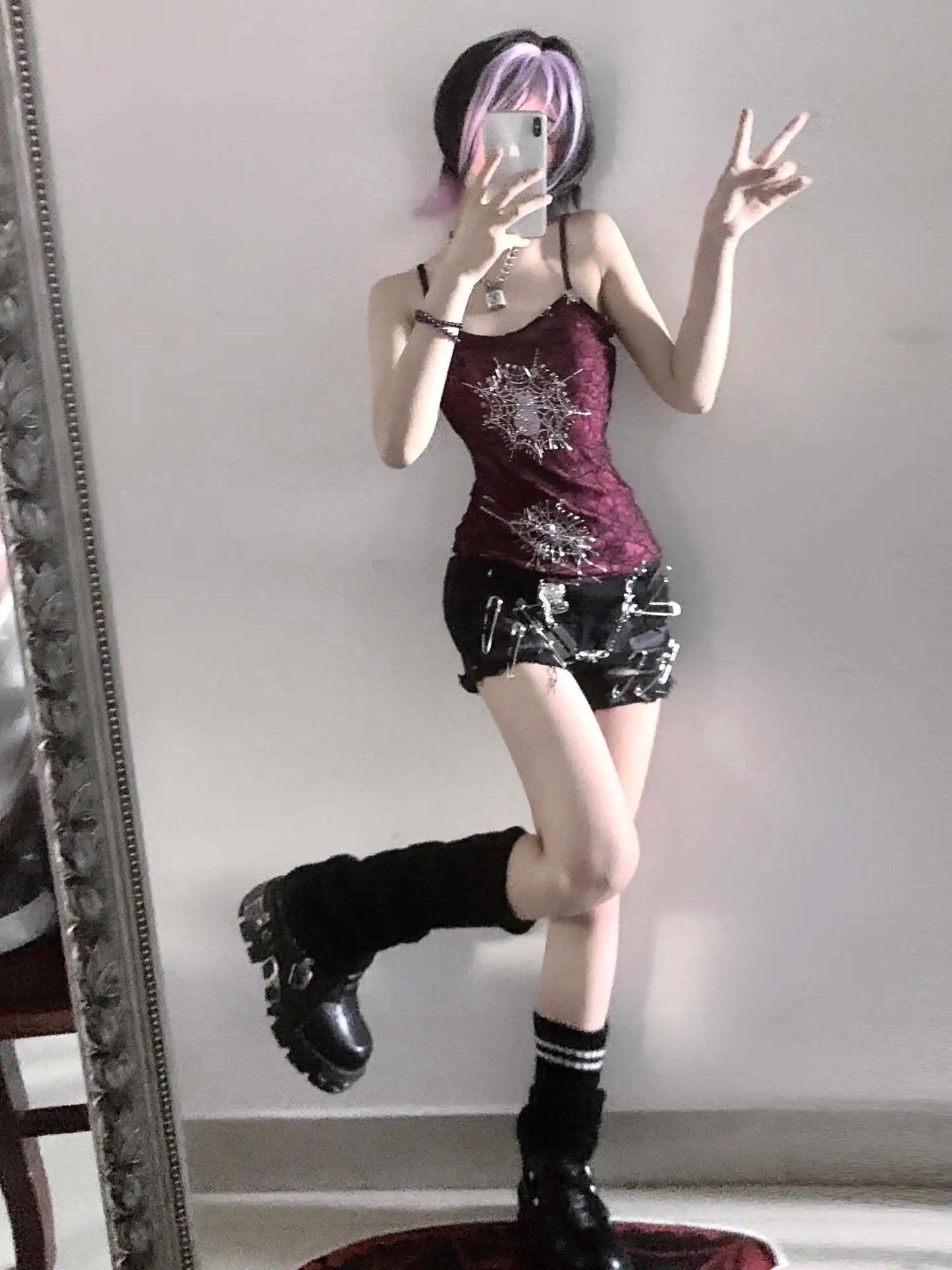 Dark Full Diamond Spider Web Barbie Purple Elastic Double Layer Strap Top