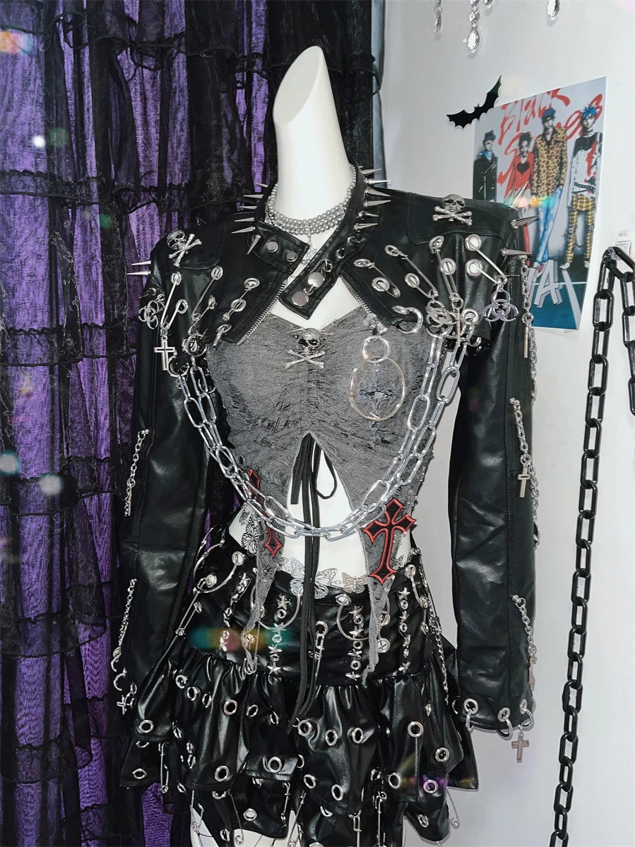 Punk Rivet Rock Retro PU Leather Metal Chain Jackets