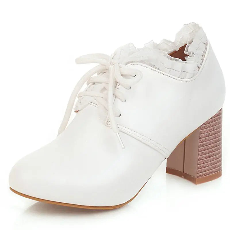 32-46 Sweet Round Toe Chunky Heel Lace-Up Soft Lolita Boots