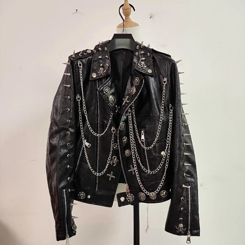 Punk PU Leather Rivet Chain Jacket