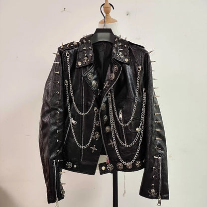 Punk PU Leather Rivet Chain Jacket