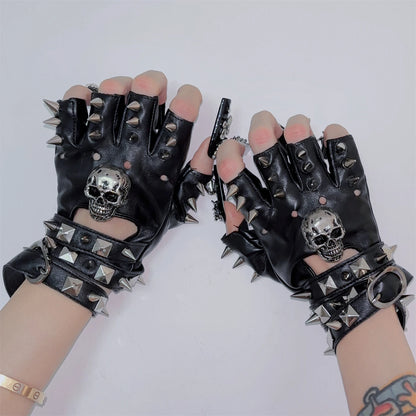 Dark Punk Y2K Millennial Half Finger Rock PU Gloves