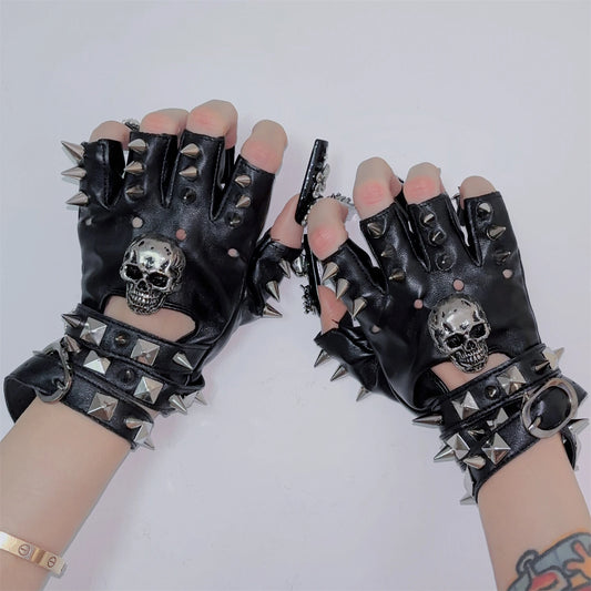 Dark Punk Y2K Millennial Half Finger Rock PU Gloves