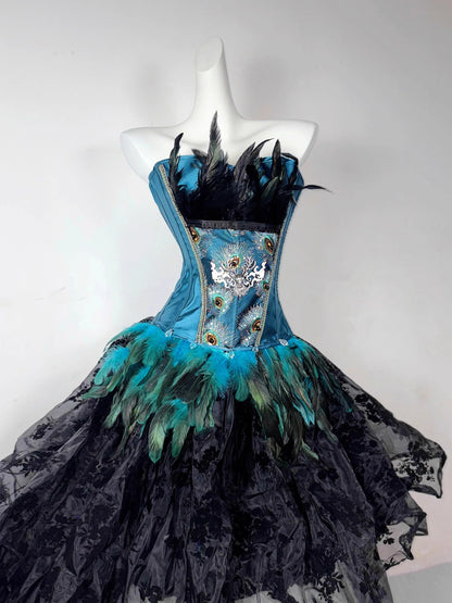 Blue-green Peacock Gothic Dark Lace-up Drawstring Dress