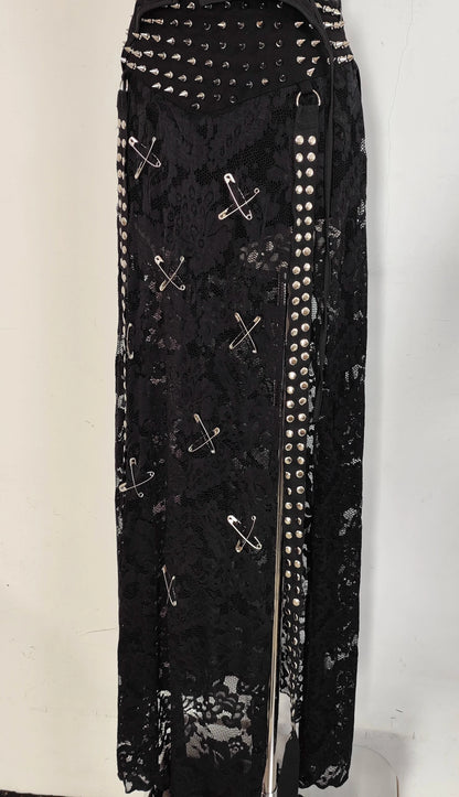 Gothic Dark Pin Stitching Backless Vest Hollow Out Rivet Skirt Set