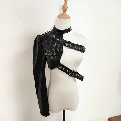 Punk Leather Rivet Single Shoulder Sleeve Coat Bead Chain Off-Shoulder Tube Top
