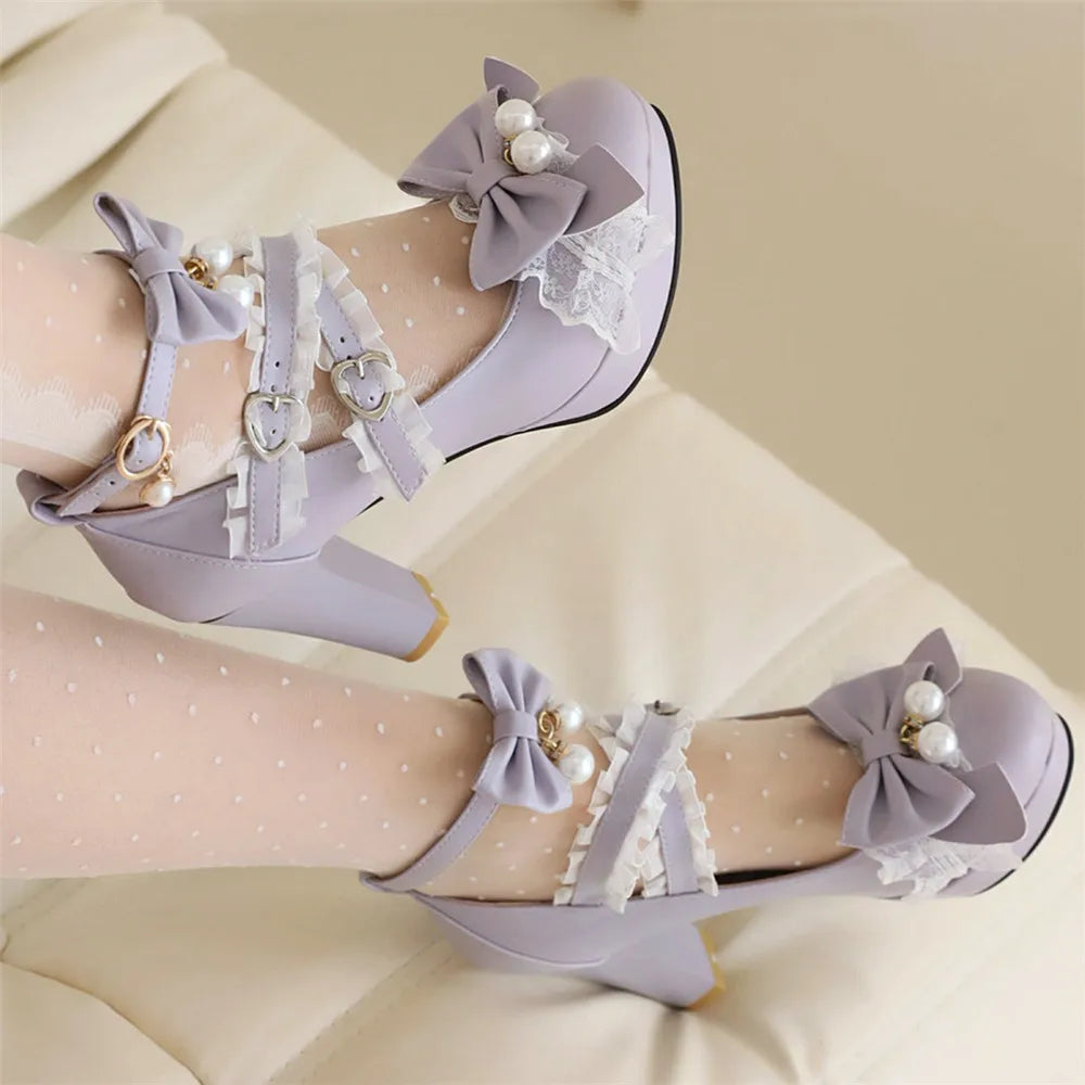 Lolita Pearl Bow Lace Round Head Heels Shoes - 33-43