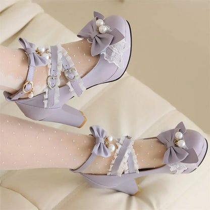 Lolita Pearl Bow Lace Round Head Heels Shoes - 33-43