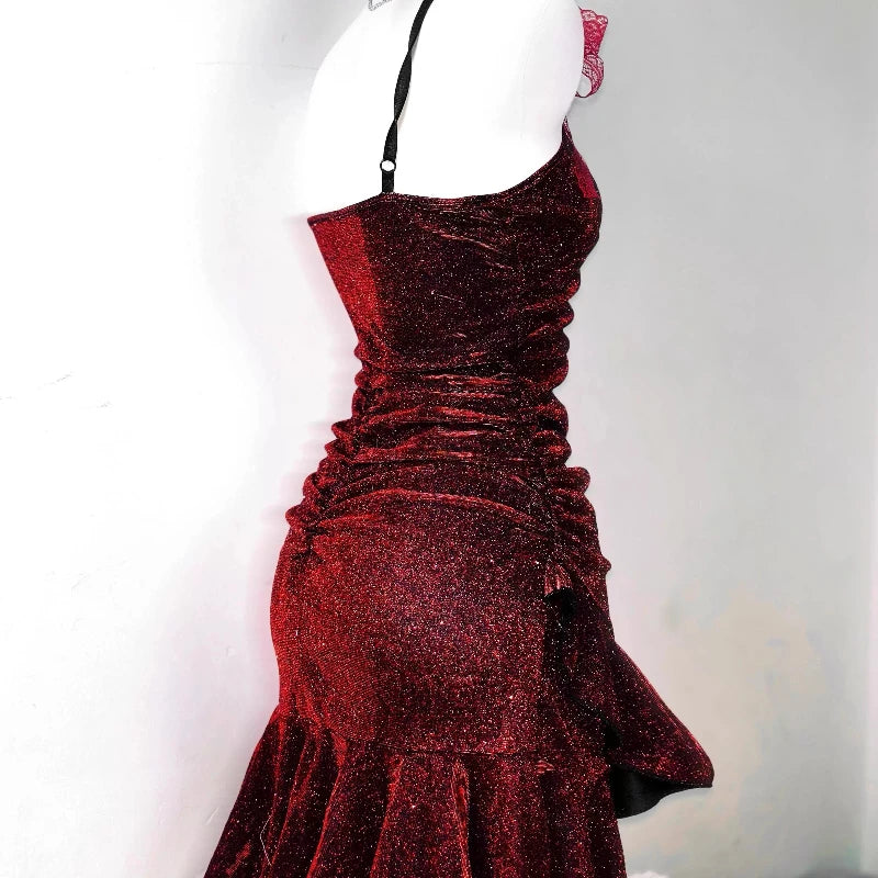 Dark Red V-Neck Mermaid Retro Irregular Slimming Dresses