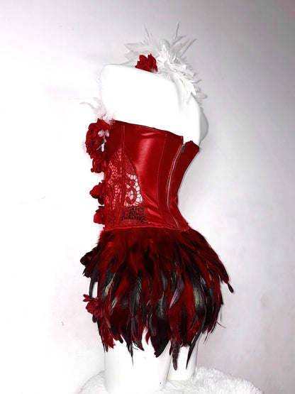 Red Rose Gothic Lace-Up Drawstring Feather Corset Bustier Top Dress