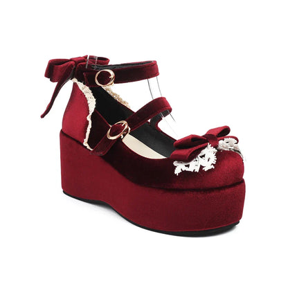 Frosted Flock Lace Bow Lolita Sponge Cake Heels Shoes - 34-45