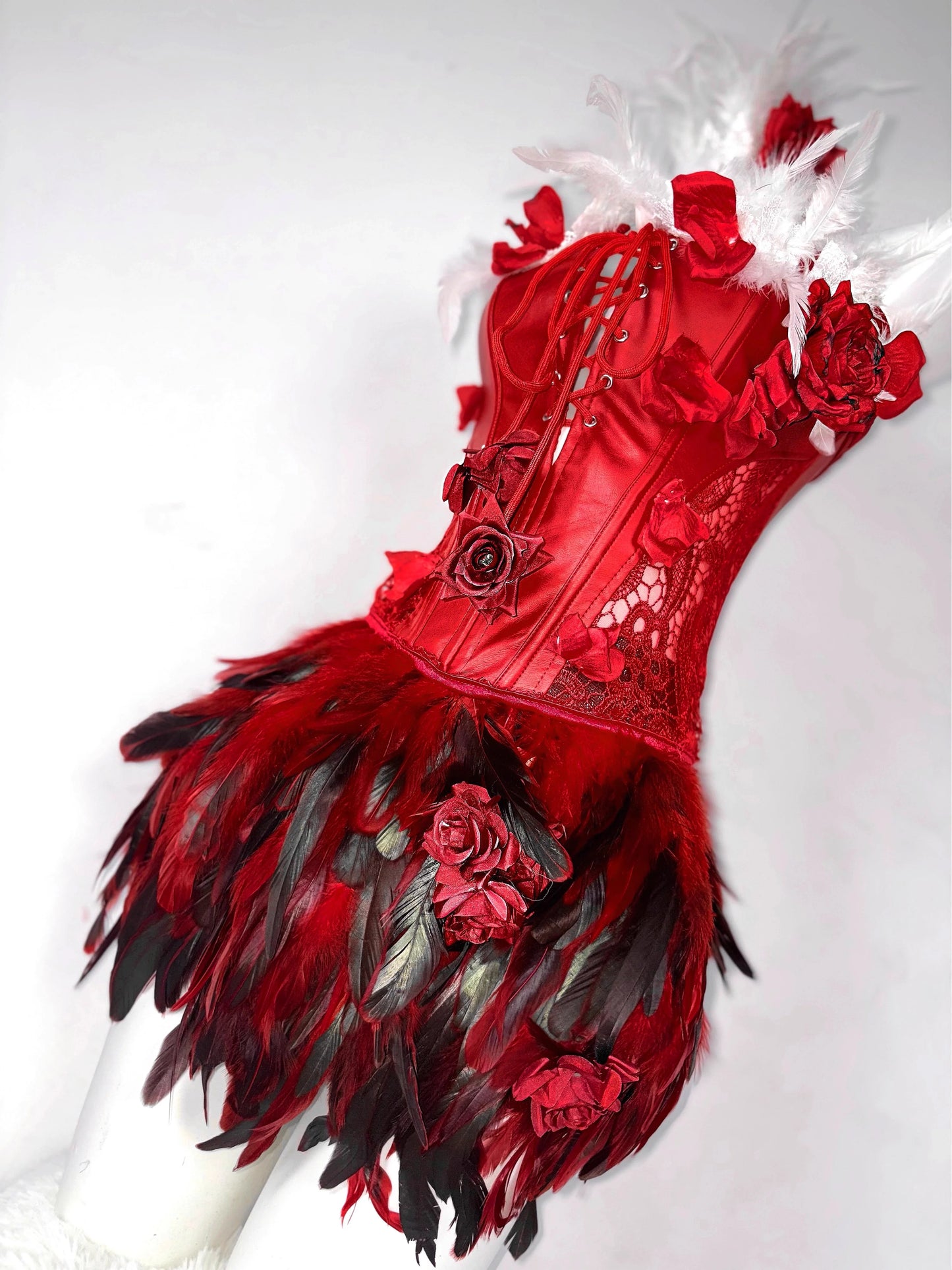 Red Rose Gothic Lace-Up Drawstring Feather Corset Bustier Top Dress