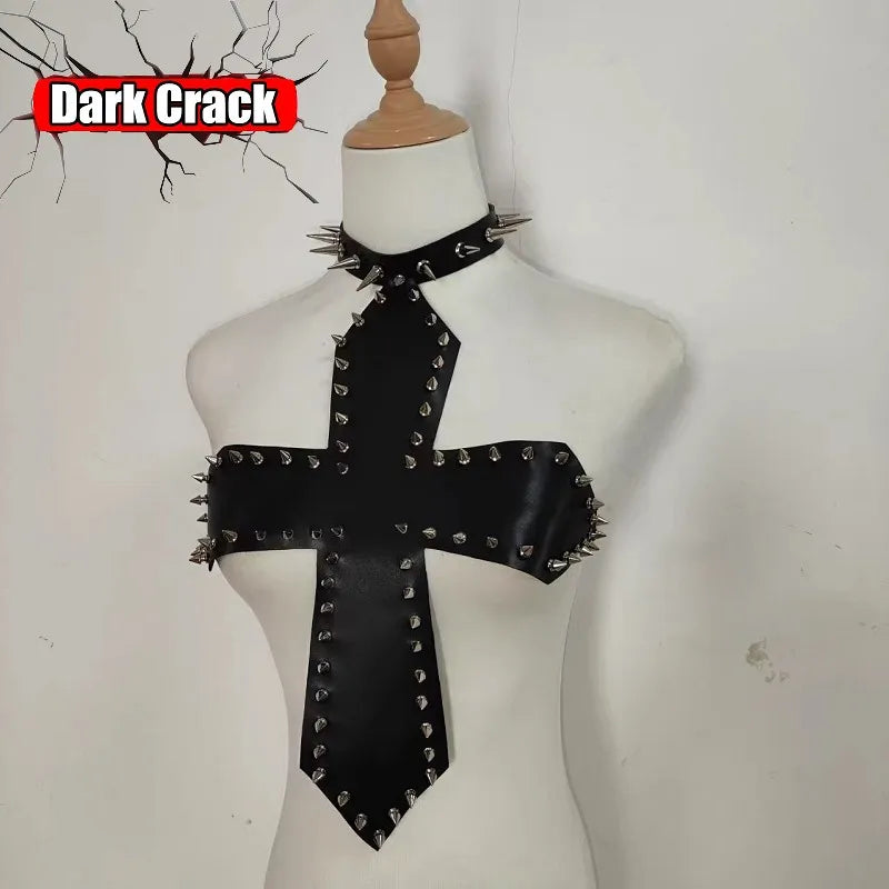 Punk Gothic Rivet Cross Vest PU Leather Strapless Top