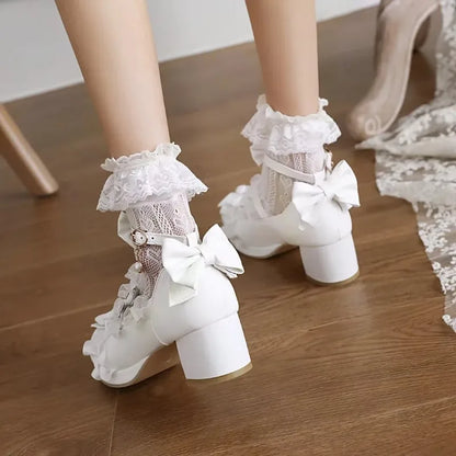 34-43 Cross Strap White Pink Ruffles Bow Maid Princess Lolita Shoes