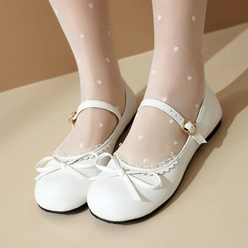 Pink White Mary Janes Bow Ballet Flats Shoes - 33-45