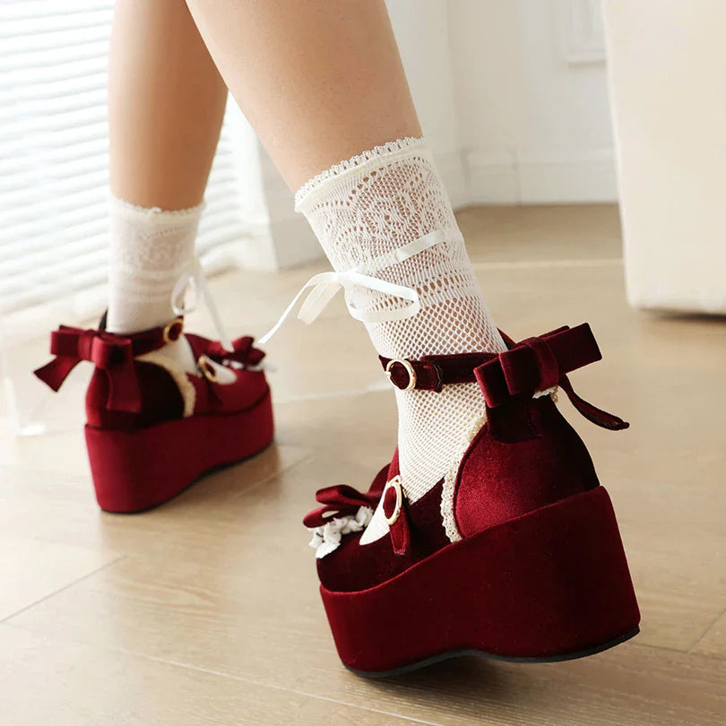 Frosted Flock Lace Bow Lolita Sponge Cake Heels Shoes - 34-45