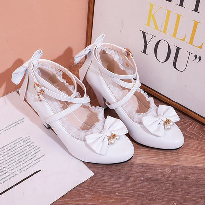 35-50 Lolita Black Pink Cross-Strap Bow Tea Party Shoes