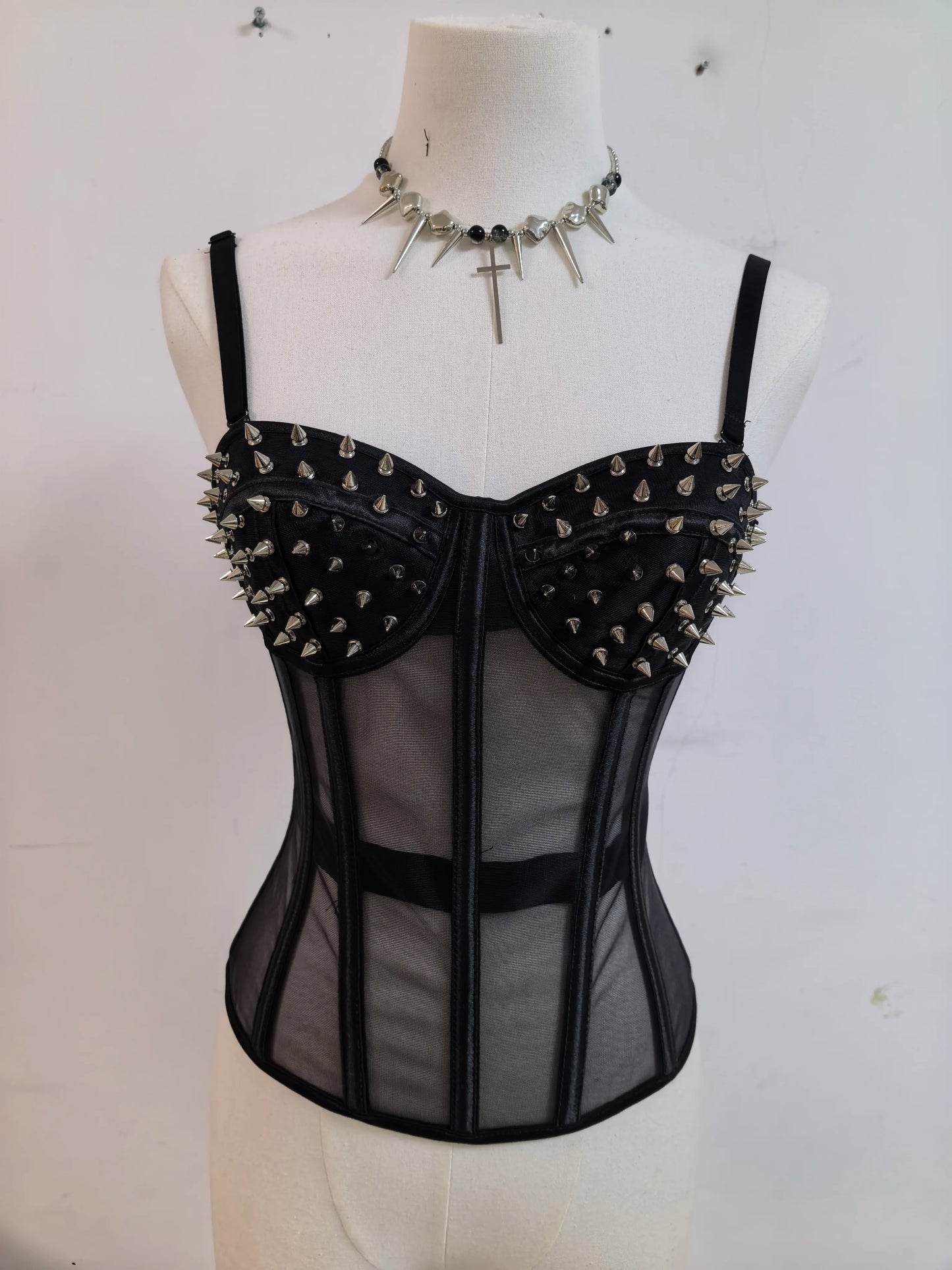 Punk Y2K Mesh See-through Fishbone Rivet Waist Cincher Corset