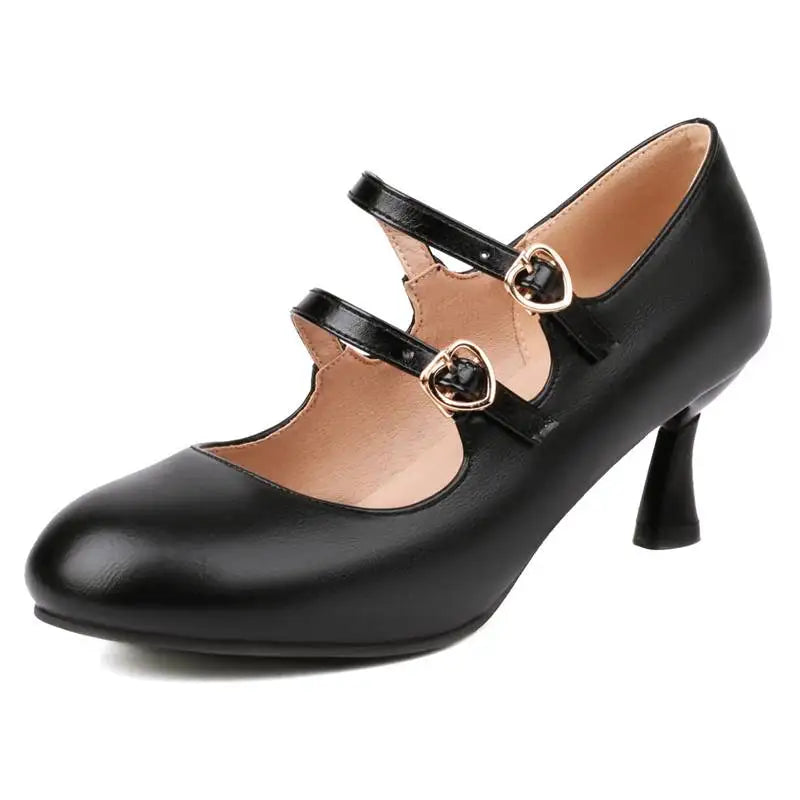 33-48 Pumps Round Toe Heels Double Buckle Straps Sexy Party Mary Shoes Shallow