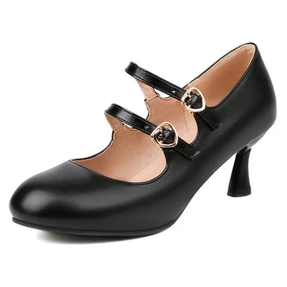 33-48 Pumps Round Toe Heels Double Buckle Straps Sexy Party Mary Shoes Shallow