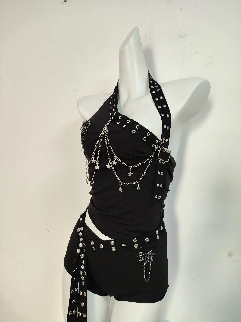 Gothic Punk Double-Sided Rivet Long Belt Outfit
