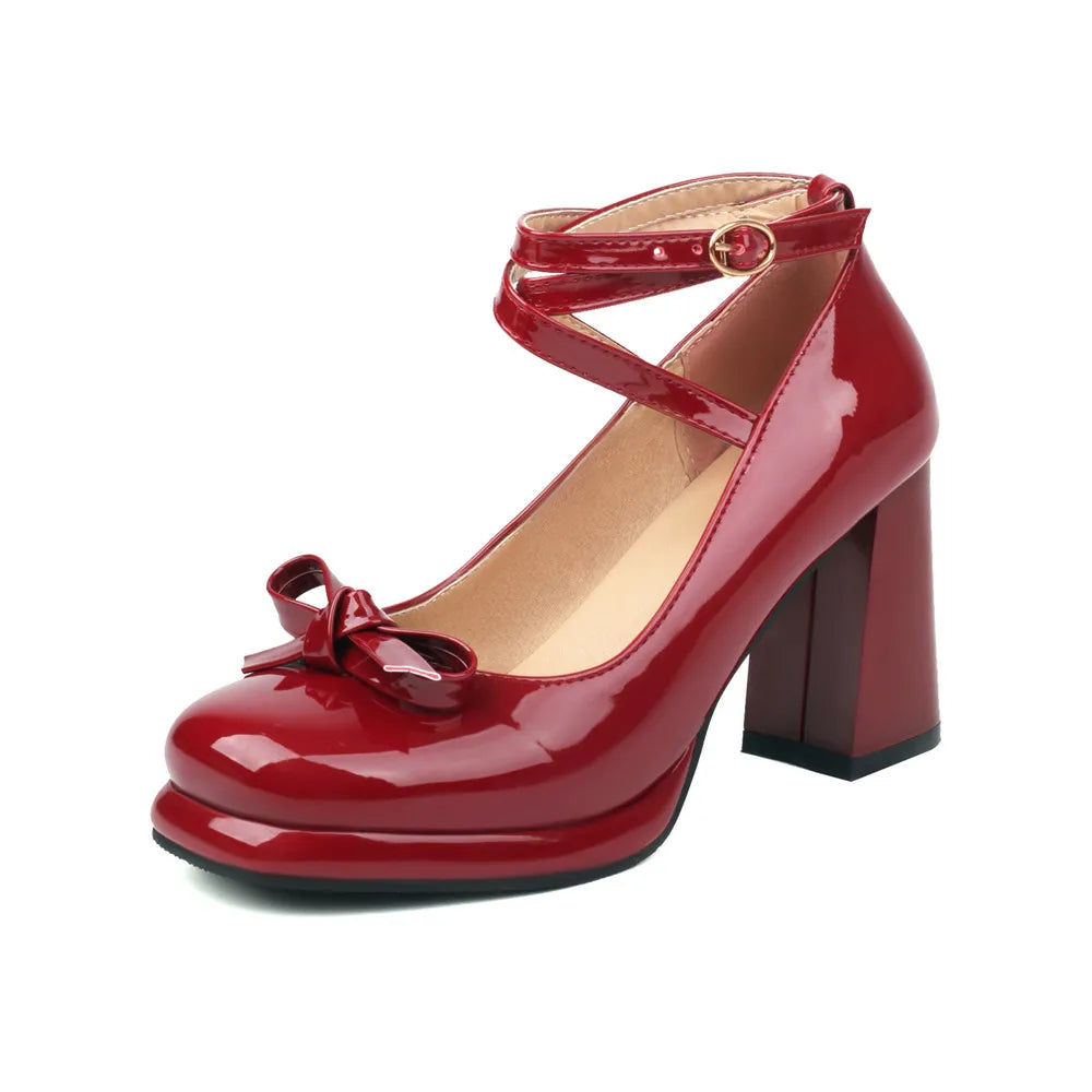33-43 Sweet Platform Round Toe Square Heel Cross Straps Patent Leather Shoes