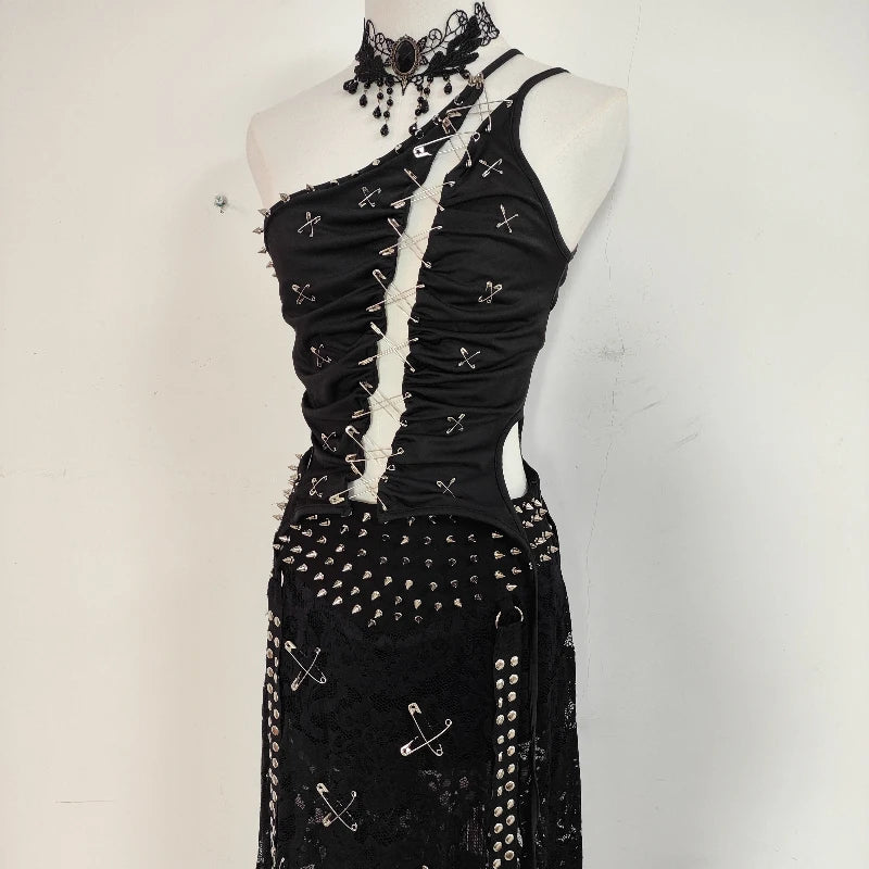 Gothic Dark Pin Stitching Backless Vest Hollow Out Rivet Skirt Set