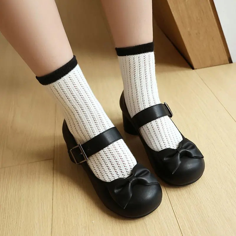 32-48 Mary Janes Pumps Round Toe Chunky Heels Buckle Strap Bowknot