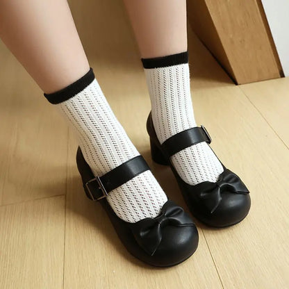 32-48 Mary Janes Pumps Round Toe Chunky Heels Buckle Strap Bowknot