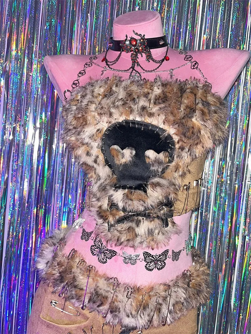 Millennial Punk Skull Leopard Print Vest Short Skirt Set