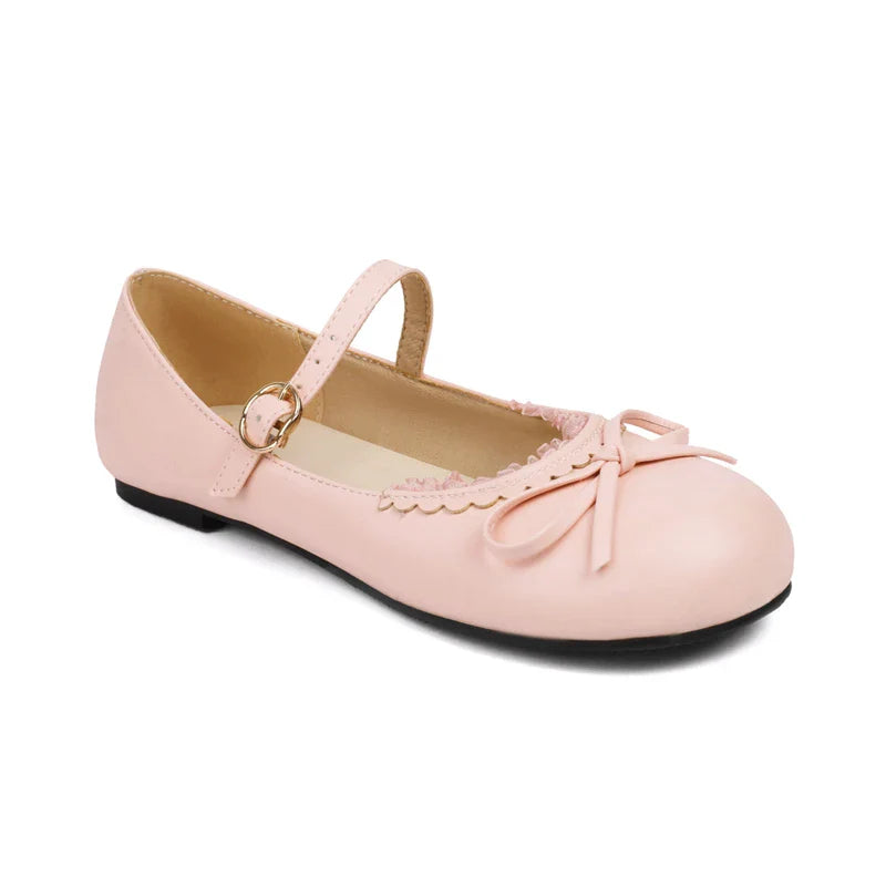 Pink White Mary Janes Bow Ballet Flats Shoes - 33-45