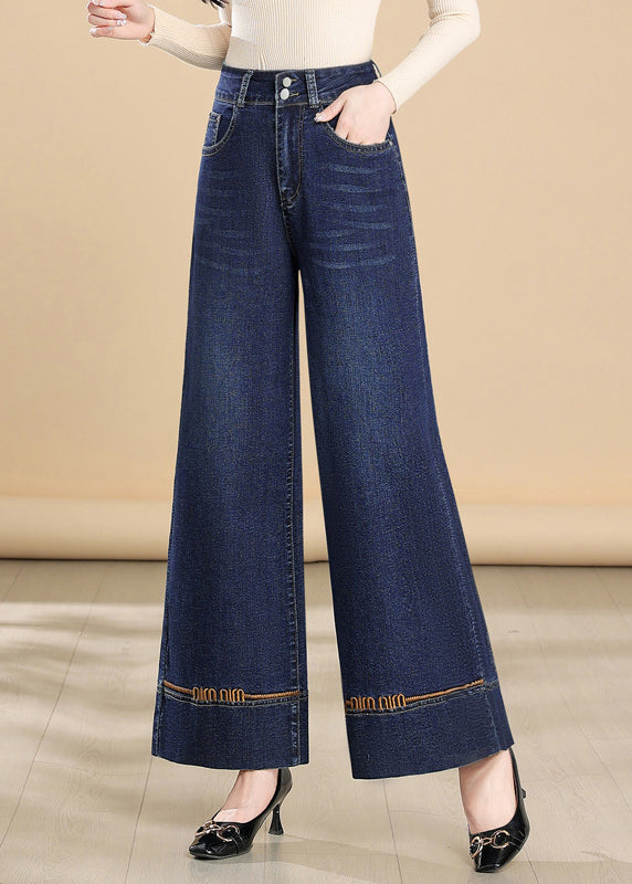 Silm Bestickte Hose Navy Sommer Denim Weite Passform
