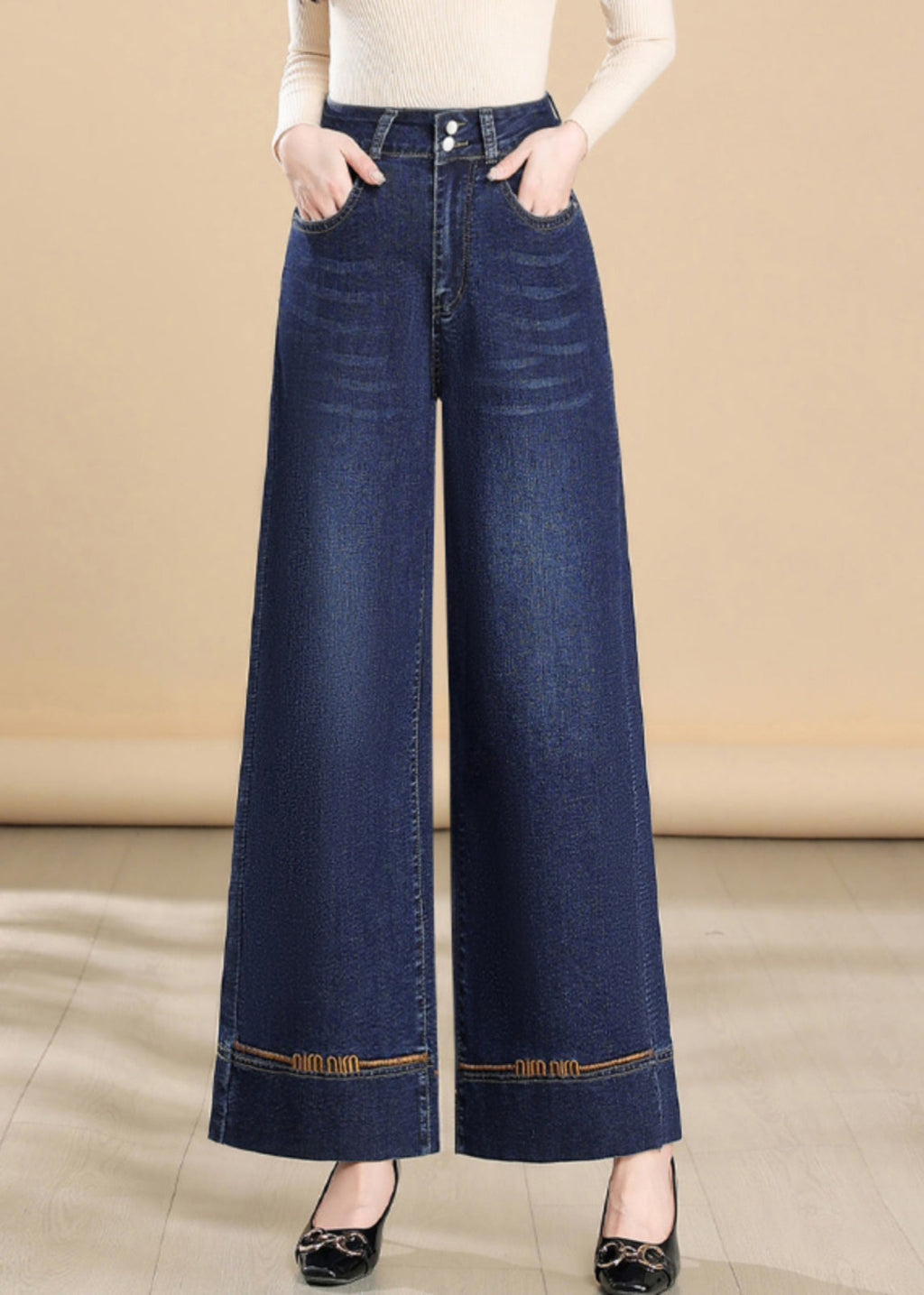 Silm Bestickte Hose Navy Sommer Denim Weite Passform