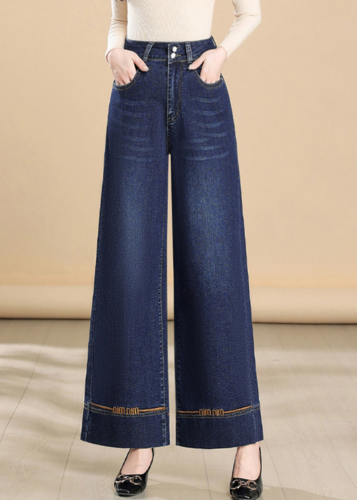 Silm Bestickte Hose Navy Sommer Denim Weite Passform