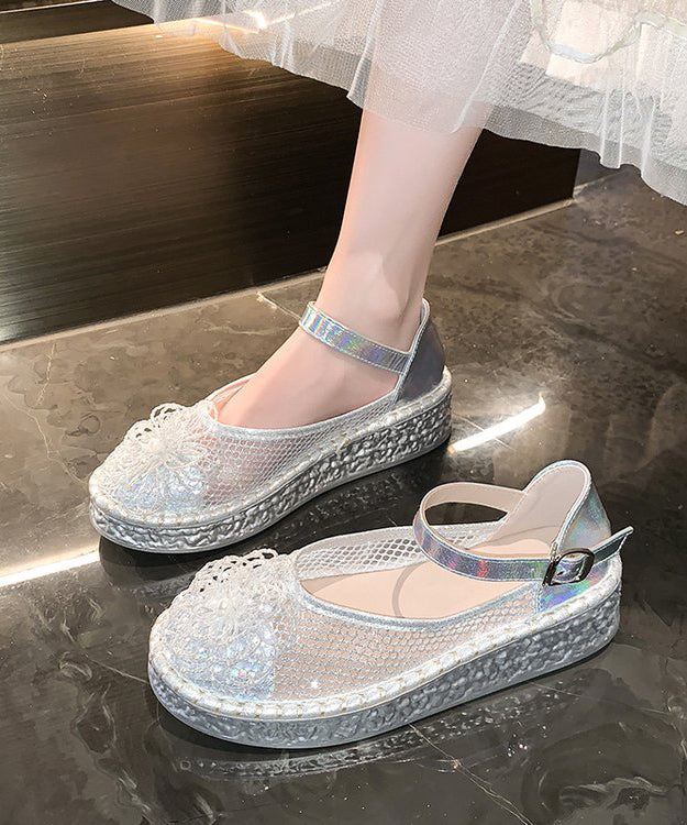 Platform Splicing Silver Strap Shoes Breathable Buckle Mesh
