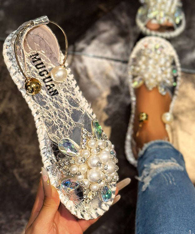 Sandalen Nagel Spleißen Perle Wandern Faux Stilvolle Silber Leder Zirkon