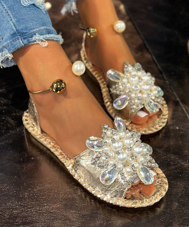 Sandalen Nagel Spleißen Perle Wandern Faux Stilvolle Silber Leder Zirkon