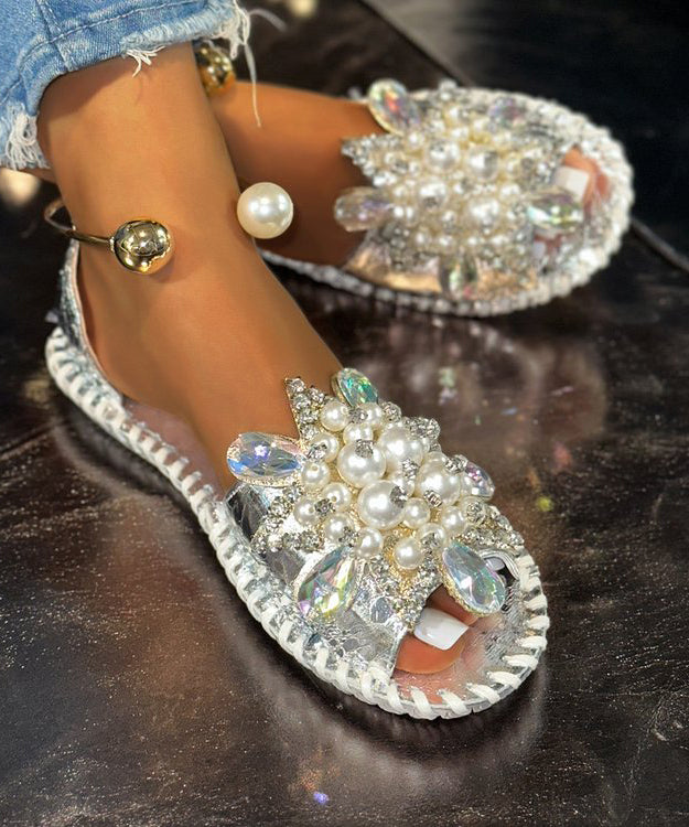 Sandalen Nagel Spleißen Perle Wandern Faux Stilvolle Silber Leder Zirkon