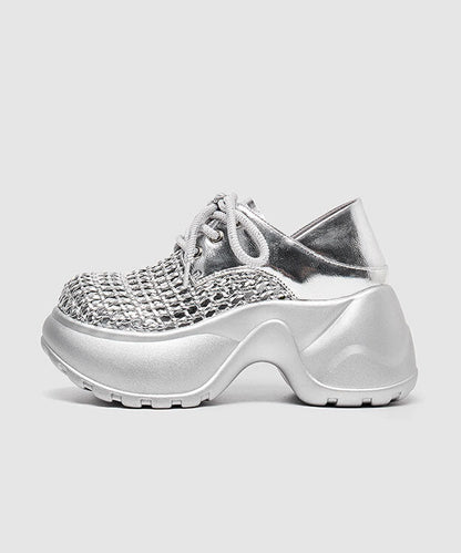 Platform Sandals Up Silver Out Splicing Hollow Lace Fashion