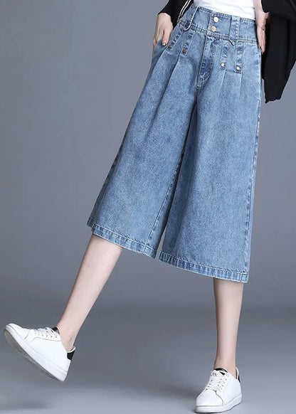 Denim Hose Crop Leg Sommer Einfache Hohe Hose Weite Blaue Taille