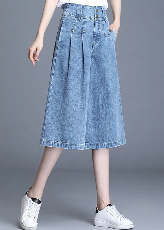 Denim Hose Crop Leg Sommer Einfache Hohe Hose Weite Blaue Taille