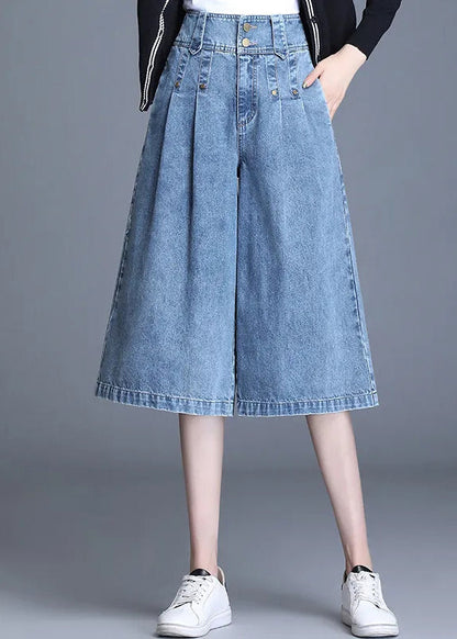 Denim Hose Crop Leg Sommer Einfache Hohe Hose Weite Blaue Taille