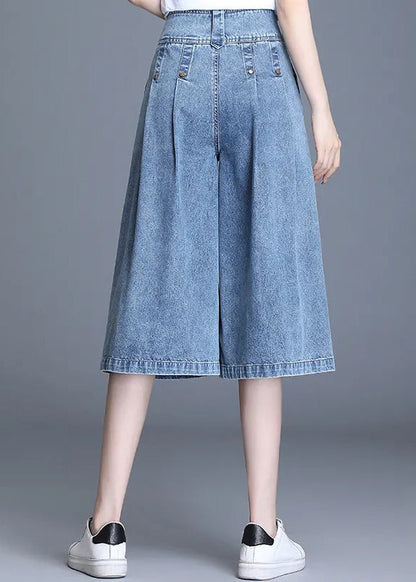 Denim Hose Crop Leg Sommer Einfache Hohe Hose Weite Blaue Taille