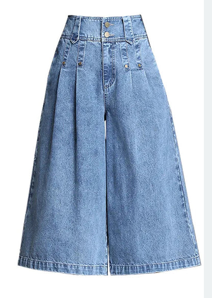 Denim Hose Crop Leg Sommer Einfache Hohe Hose Weite Blaue Taille