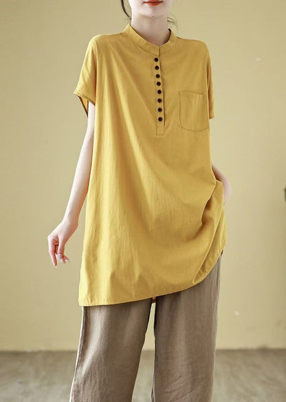 Knopfärmel Baumwolle Gelb Solid T Kurze Taschen Hemd Einfach