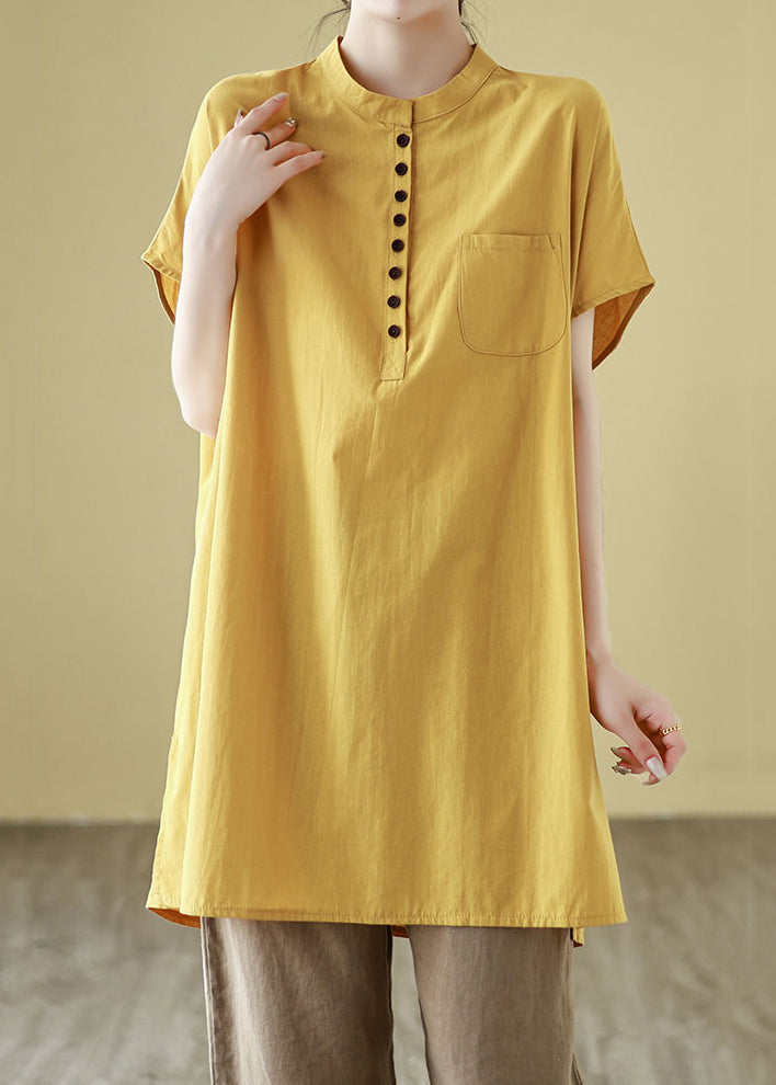 Knopfärmel Baumwolle Gelb Solid T Kurze Taschen Hemd Einfach