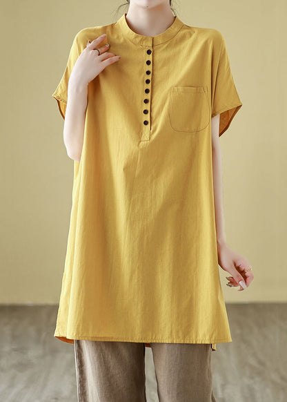 Knopfärmel Baumwolle Gelb Solid T Kurze Taschen Hemd Einfach